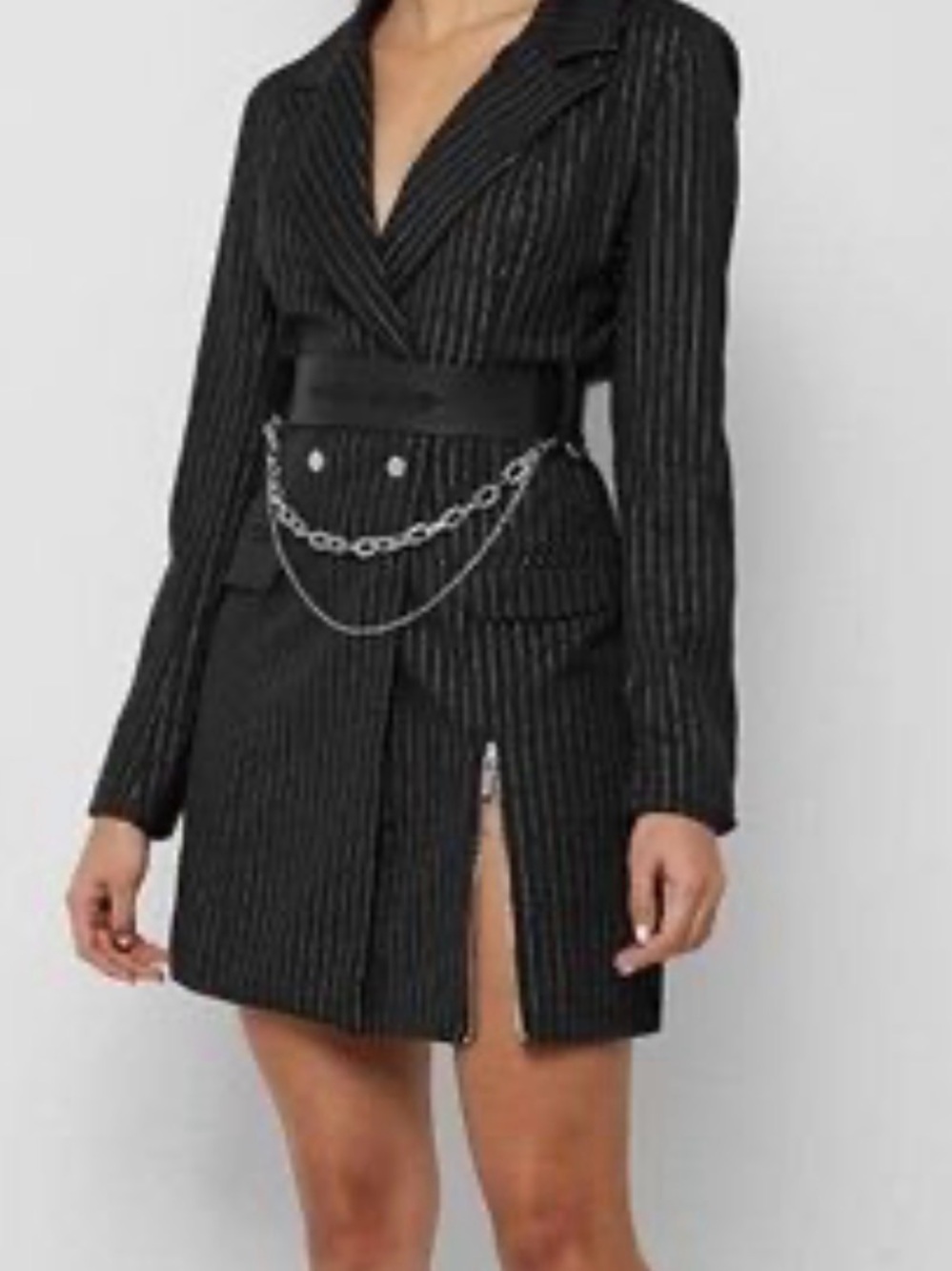 Maniere De Voir Black Pinstripe Blazer Jacket style dress with lining